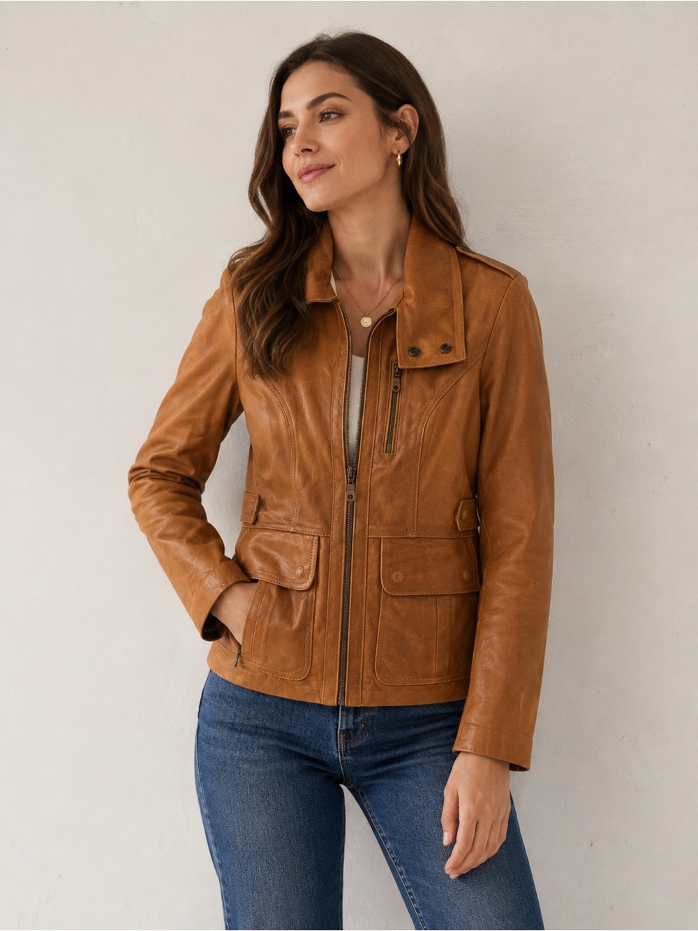 Luis Saavedra utility Women's Cognac Leather Zip-Front Jacket XS/S